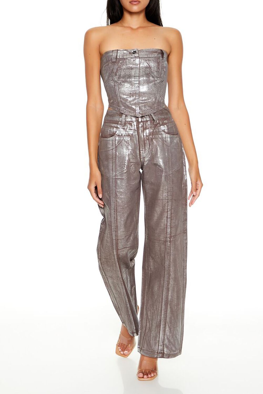 Женские Прямые джинсы FOREVER21 Metallic Denim Print FOREVER21