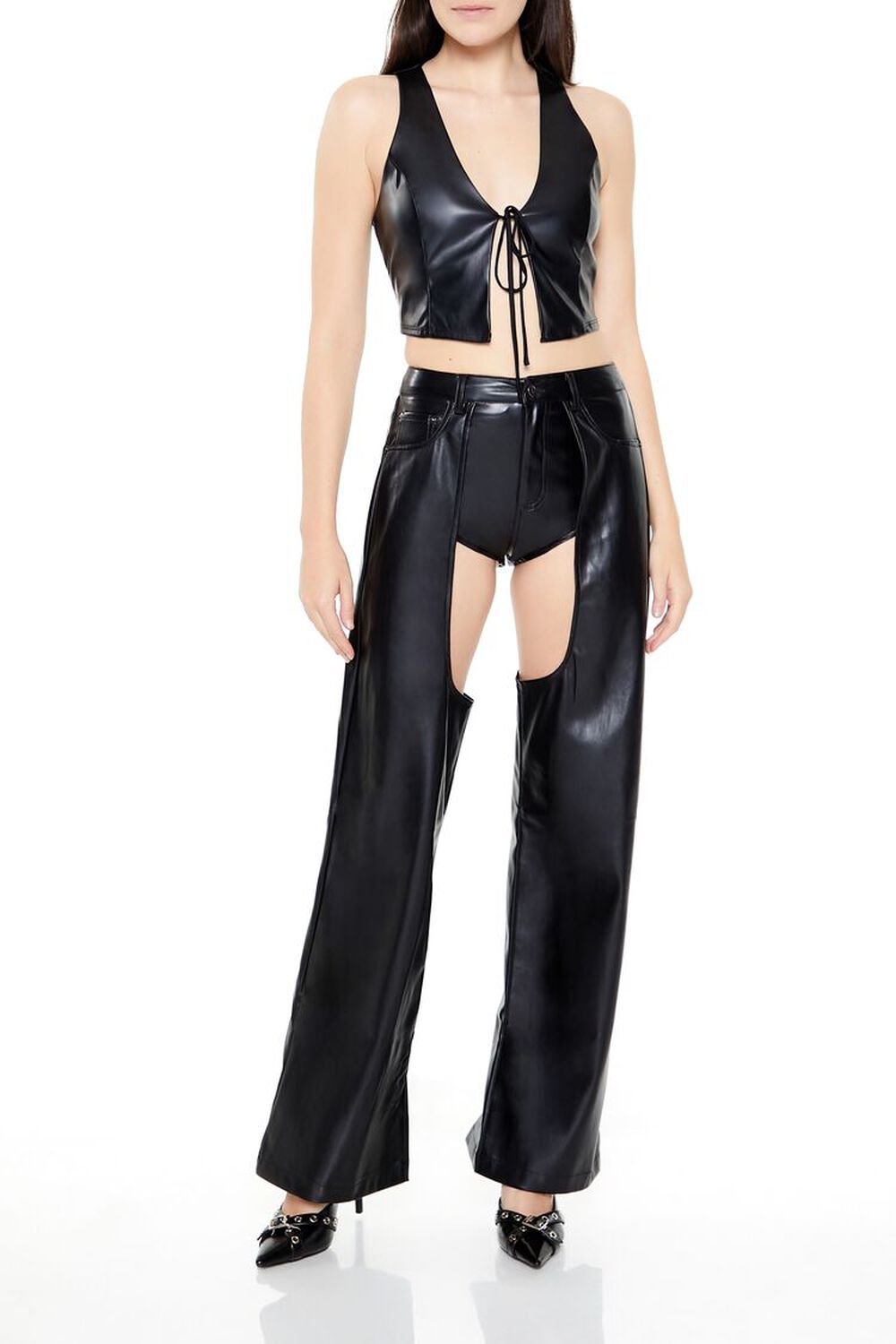 Faux Leather Combo Cutout Pants FOREVER21