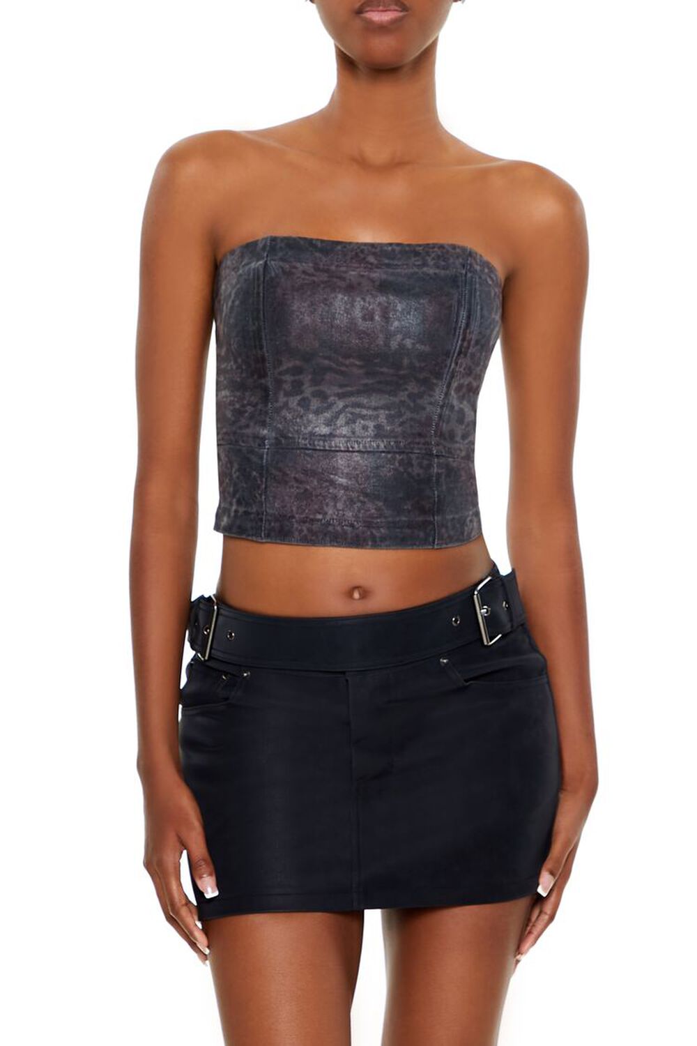 Metallic Leopard Denim Tube Top FOREVER21