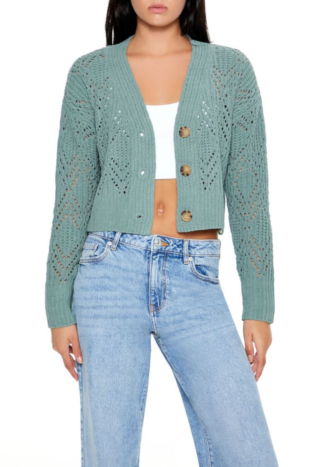 Pointelle Cropped Cardigan Sweater FOREVER21