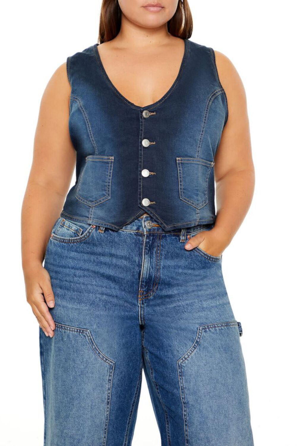 Plus Size Cropped Denim Vest FOREVER21