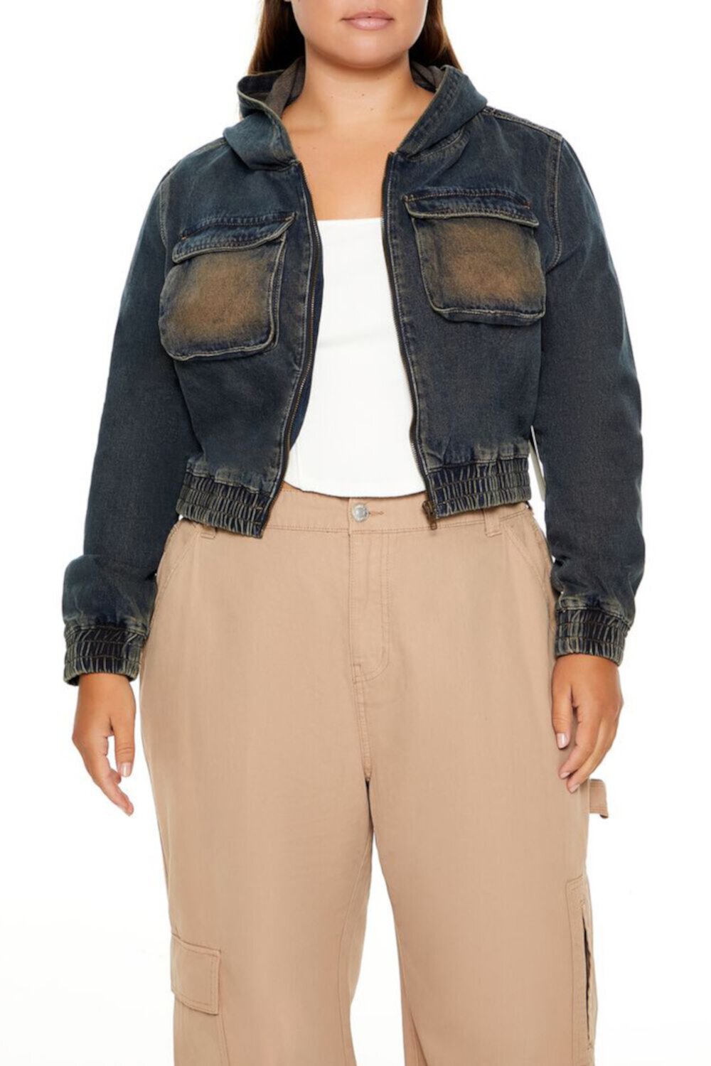 Plus Size Denim Hooded Jacket FOREVER21