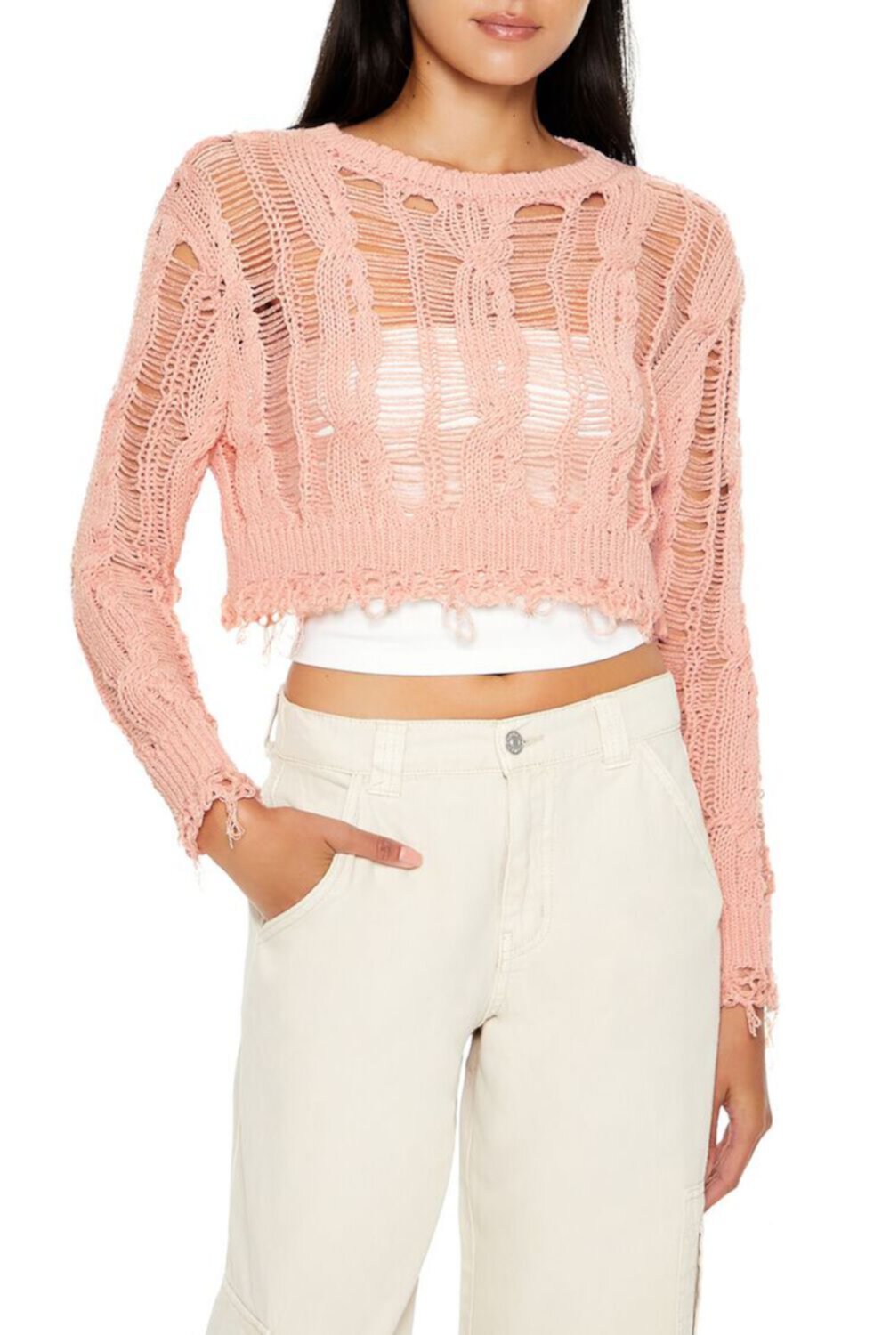 Destroyed Sheer Cropped Sweater FOREVER21