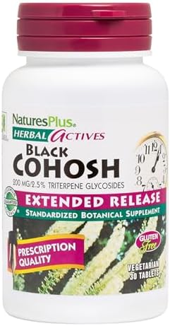 Natures Plus Herbal Actives Black Cohosh - 200 mg, 30 Vegan Tablets (Таблетки) - Natural Menopause Relief Supplement, Helps with PMS, Hot Flashes - Hypoallergenic, Vegetarian, Gluten-Free - 30 Servings (Порции) Natures Plus