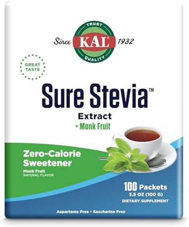 KAL Sure Stevia Plus Monk Fruit Sweetener - Great Tasting, Zero Calorie Sugar Free Sweetener - Low Glycemic, Perfect for a Keto Diet or Low Carb Diet, 60-Day Guarantee, 3.5oz, 100 Single-Serve Packets KAL