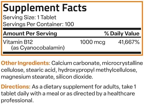 Bronson Vitamin B12 1000 mcg (B12 Vitamin As Cyanocobalamin) Sustained Release Premium Non GMO Tablets Supports Nervous System, Healthy Brain Function and Energy Production, 100 Count Bronson