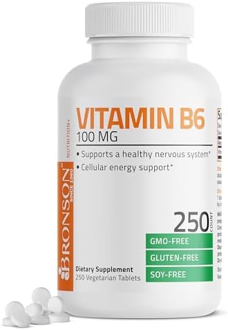 Vitamin B6 100 mg Premium Vitamin B6 Supplement – Promotes Protein Metabolism and Immune Function - 250 Tablets Bronson