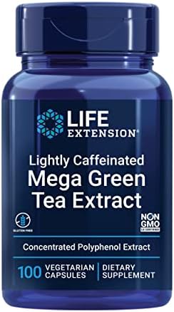 Life Extension Lightly Caffeinated Mega Green Tea Extract, Camellia sinensis Extract with Concentrated EGCG polyphenol Content, Gluten-Free, Non-GMO, Vegetarian, 100 Capsules (Капсулы) Life Extension