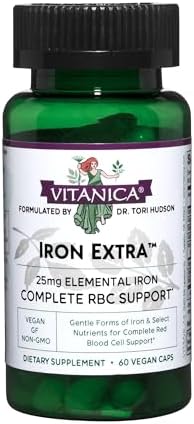 Vitanica Iron Extra, Iron Supplement Enhanced Absorption with Vitamin C 500mg, Methylfolate 400mcg, B12 Vitamin 500mcg, Calcium, Yellow Dock, Dandelion Root & Nettle Leaf Extract, Vegan, 60 Capsules (Капсулы) Vitanica