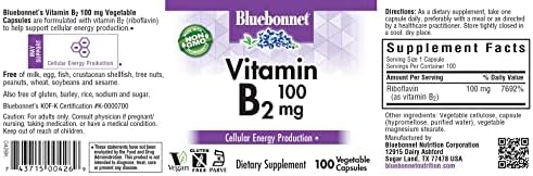 Bluebonnet Nutrition Vitamin B2 100 mg, For Cardiovascular and Nervous System Health, Soy-Free, Gluten-Free, Kosher Certified, Dairy-Free, Vegan, Non-GMO, 100 Vegetable Capsules (Растительные капсулы), 100 Servings (Порции) Bluebonnet