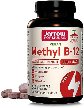 Jarrow Formulas Maximum Strength Methyl B-12 5000 mcg, Dietary Supplement for Cellular Energy Production and Brain Health Support, 60 Cherry-Flavored Chewable Tablets (Жевательные таблетки), 60 Day Supply Jarrow Formulas