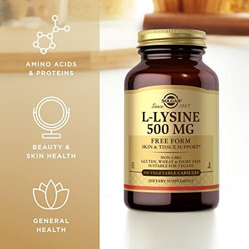 SOLGAR L-Lysine 500 mg - 100 Vegetable Capsules (Растительные капсулы) - Skin & Tissue Support - Non-GMO, Vegan, Kosher, Gluten Free - 100 Servings (Порции) Solgar