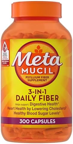 Metamucil 3-in-1 Fiber Capsules (Капсулы), Daily Psyllium Husk Fiber Supplement, Fiber Capsules for Digestive Health, Plant-Based Psyllium Husk Fiber Capsules, #1 Doctor Recommended Fiber Brand, 300ct Capsules Metamucil