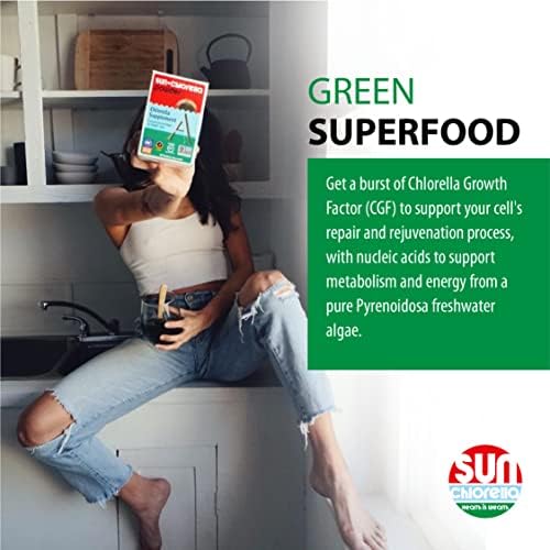 Sun Chlorella 200 mg Green Algae Superfood Supplement - Pulverized Cell Wall - Chlorophyll, CGF, Active B12, Iron, Protein - Non-GMO - 300 Tablets Sun Chlorella