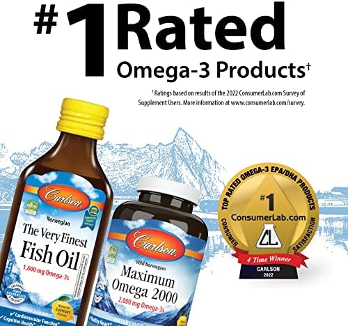 Carlson - Cod Liver Oil, 1100 mg Omega-3s, plus Vitamins A and D3, Wild Caught Norwegian Arctic Cod Liver Oil, Sustainably Sourced Nordic Fish Oil Liquid (Жидкость), Lemon, 500 mL (16.9 Fl Oz) Carlson