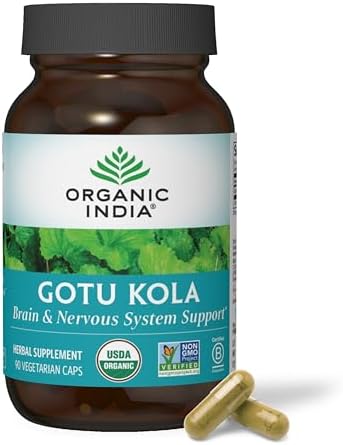 ORGANIC INDIA Gotu Kola Herbal Supplement - Adaptogen for Brain & Nervous System Support, Vegan, Gluten-Free, Kosher, USDA Certified Organic, Non-GMO, Calming, Mental Clarity - 90 Capsules (Капсулы) Organic India