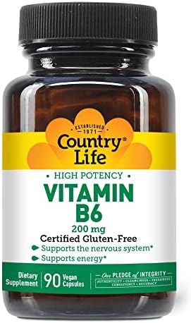 Country Life Vitamin B-6, High Potency, Supports Energy and The Nervous System, 200mg, 90 Vegan Capsules (Веганские капсулы), Certified Gluten Free, Certified Vegan, Certified Halal… Country Life