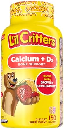 L’il Critters Calcium + D3 Daily Gummy Supplement for Kids, for Bone Support, Orange, Strawberry and Cherry Flavors, 150 Gummies Lil Critters