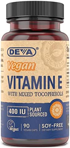 DEVA Vegan Vitamins Natural Vitamin E 400IU with Mixed Tocopherols, Supports Immune System & Skin Nutrition, Natural Antioxidant & Gluten Free, Dairy Free, Non-GMO, 90 Capsules (Капсулы) Deva