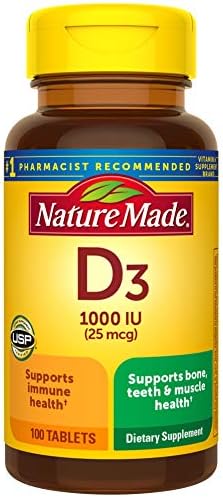 Nature Made Vitamin D3, 100 Tablets (Таблетки), Vitamin D 1000 IU (25 mcg) Helps Support Immune Health, Strong Bones and Teeth, & Muscle Function, 125% of the Daily Value for Vitamin D in One Daily Tablet Nature Made