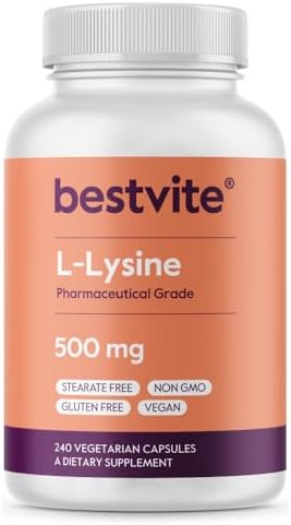 BESTVITE L-Lysine 500mg per Capsule (240 Vegetarian Capsules (Вегетарианские капсулы)) - No Stearates - No Fillers - No Flow Agents - Vegan - Non GMO - Gluten Free - No Stearic Acid - No Dicalcium Phosphate BESTVITE