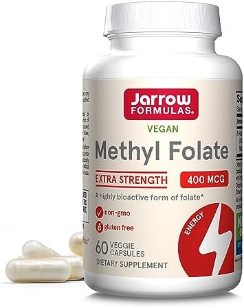 Jarrow Formulas Extra Strength Methyl Folate 400 mcg, Dietary Supplement for Cardiovascular and Neurologic Health Support, 60 Veggie Capsules, 60 Day Supply Jarrow Formulas