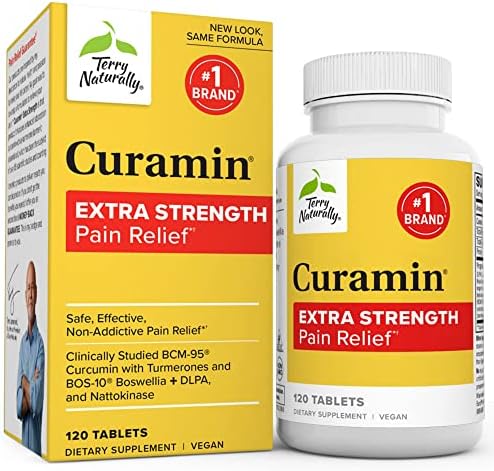 Terry Naturally Curamin Extra Strength - 120 Tablets - Non-Addictive Pain Relief Supplement with Curcumin, Boswellia, DLPA & Nattokinase - Non-GMO, Vegan - 40 Servings Terry Naturally