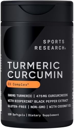 Sports Research Turmeric Curcumin C3 Complex - Softgels (Мягкие капсулы) with Bioperine Black Pepper Extract & Organic Coconut Oil, Standardized 95% Curcuminoids - Non-GMO Verified & Gluten Free - 500mg, 60 Count Sports Research