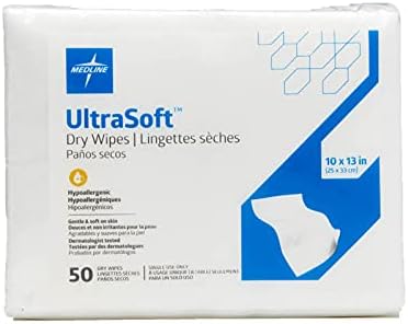 Medline Ultrasoft Absorbent Dry Cleansing Wipes, Hypoallergenic and Fragrance-Free, 10" x 13", 50 Count Medline