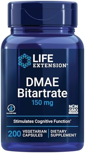 Life Extension DMAE Bitartrate - Dimethylaminoethanol Supplement for Brain Health, Focus & Memory - Support Essential Neurotransmitter Choline Production - Non-GMO, Gluten-Free - 200 Capsules (Капсулы) Life Extension