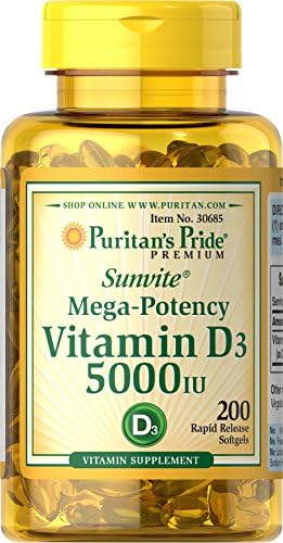 Puritan's Pride Vitamin D3 5,000 IU Bolsters Immunity for Immune System Support and Healthy Bones and Teeth Softgels (Мягкие капсулы), Packaging May Vary, Unflavored (Без вкуса), 200 Count Puritan's Pride