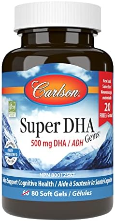 Carlson - Super DHA Gems, 500 mg DHA Supplements, 640 mg Fatty Acids, Wild-Caught Norwegian Arctic Fish Oil Concentrate, Sustainably Sourced Nordic Fish Oil Capsules, 60+20 Softgels Carlson