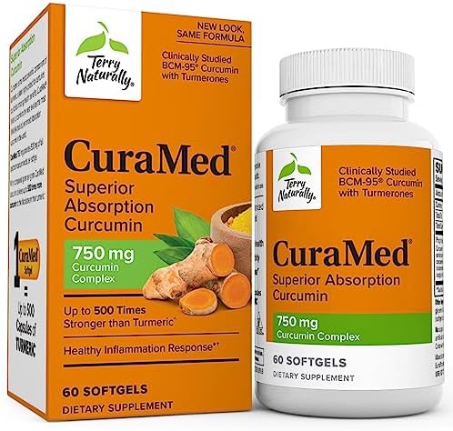 Terry Naturally CuraMed 750mg - Antioxidant Supplement for Brain & Heart Health Support - Dietary Supplement with High-Potency Curcumin Complex - Kidney, Liver & Immune Health Support - 60 Softgels Terry Naturally