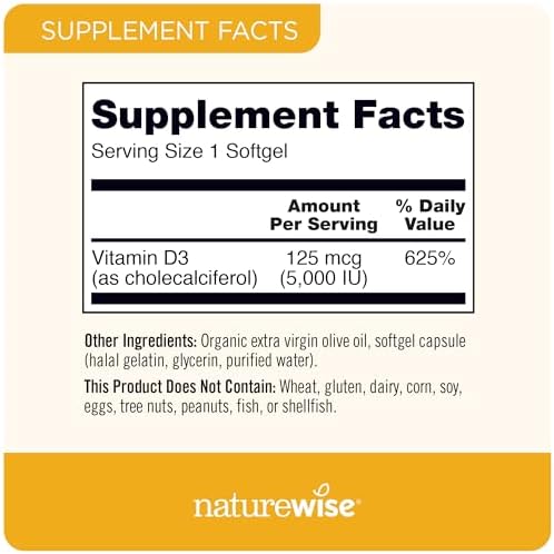 NatureWise Vitamin D3 5000iu (125 mcg) 1 Year Supply for Healthy Muscle Function, and Immune Support, Non-GMO, Gluten Free in Cold-Pressed Olive Oil, Packaging Vary ( Mini Softgel), 360 Count NatureWise