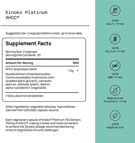 Quality of Life Premium Kinoko Platinum AHCC Herbal Supplement, 750mg of AHCC per Capsule, for Immune Support, Liver Function, Maintains Natural Killer Cell Activity, 1 Pack, 60 Veggie Capsules Quality of Life