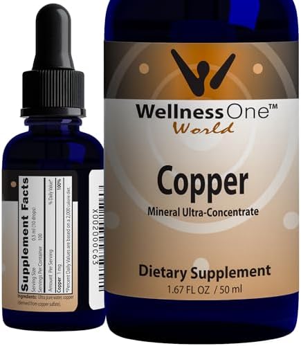 WellnessOne Liquid (Жидкость) Copper Supplements - Immune Support Copper Sulfate Also Great for Joint, Nerve & Bone Health - Copper Supplement Drops (Капли) Maximizes Iron Absorption for Kids, Men & Women - 1.67 fl oz (Жидкие унции) WellnessOne