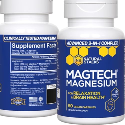 Natural Stacks MagTech Magnesium Supplement - Chelated Magnesium Complex - 3 Forms of Magnesium: Magtein Magnesium L-Threonate, Glycinate & Taurate - Supports Relaxation & Brain Health, 45 Capsules (Капсулы) Natural Stacks