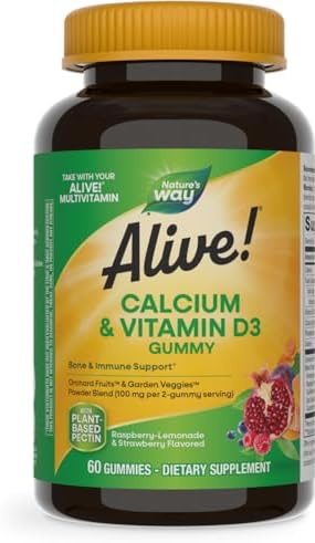 Nature's Way Alive! Daily Calcium & Vitamin D3 Gummies (Жевательные конфеты), Bone Support*, Immune Support*, Strawberry and Raspberry- Lemonade Flavored, 60 Gummies (Packaging May Vary) Nature's Way