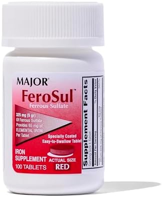 Major FeroSul Ferrous Sulfate 325mg, 100 Iron Supplement Tablets (Таблетки) each (Value Pack of 3) MAJOR