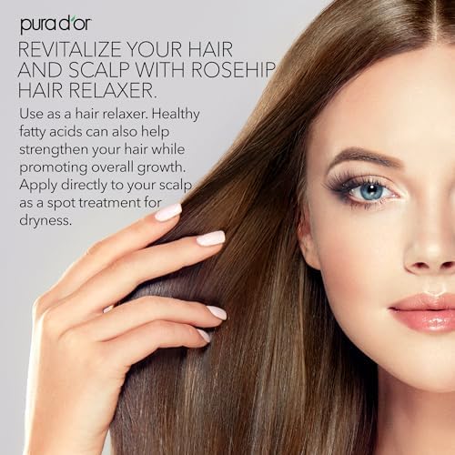 PURA D'OR 4 Oz ORGANIC Rosehip Seed Oil Hair Relaxer 100% Pure Cold Pressed USDA Certified All Natural For Anti-Aging, Scar Treatment, Gua Sha Massage, Face, Hair & Skin - Women & Men PURA D'OR