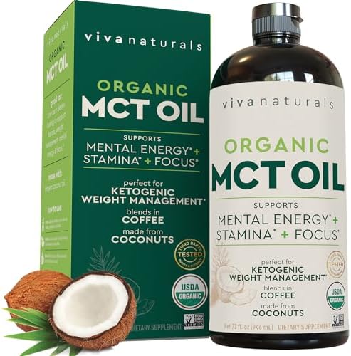 Viva Naturals Organic MCT Oil 16 fl oz (Жидкие унции) - Best MCT Oil Organic for Coffee, MCT Coconut Oil Supports Energy & Mental Clarity, USDA Organic, Non-GMO, Paleo & Keto Certified, MCT Wellness Viva Naturals