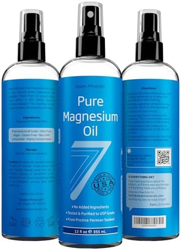 Seven Minerals, Pure Magnesium Oil Spray (Спрей) - Big 12 oz (Унции) (Lasts 9 Months) - USP Grade Magnesium Spray, No Unhealthy Trace Minerals - from Ancient Underground Permian Seabed in USA, Free eBook Included Seven Minerals