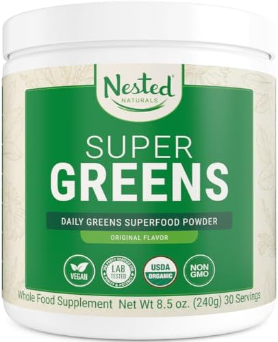 Super Greens Daily Greens Superfood Powder (Порошок) - Certified USDA Organic Green Powder w/20+ Whole Foods, Spirulina Powder, Wheat & Barley Grass - Probiotics, Fiber & Enzymes - Original Flavour, 30 Servings (Порции) Nested Naturals