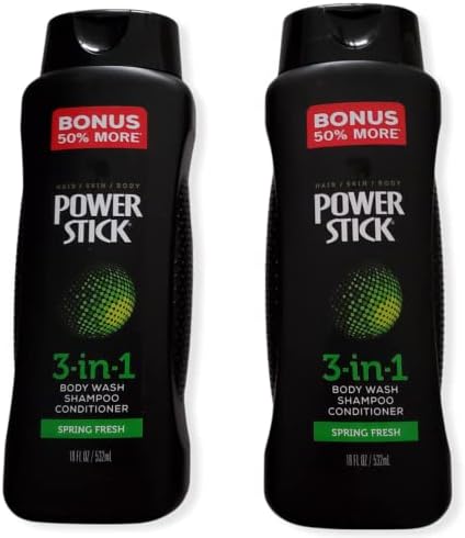 Power Stick 3 in 1 for Men Shampoo Conditioner Body Wash Spring Fresh 18 oz. 50% Bonus More (2 Pack) PowerStick