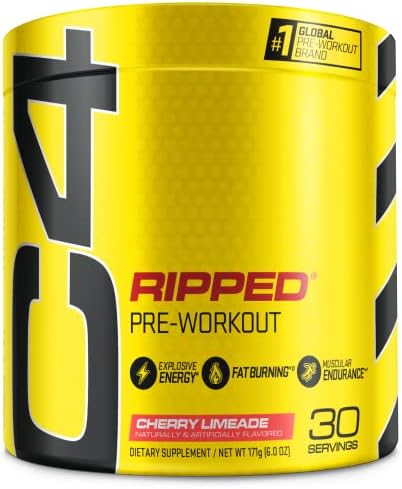 C4 Ripped Порошок перед тренировкой для энергии и Beta-Alanine без сахара - 150 мг кофеина, вкус вишневого лимонада, 30 порций Cellucor