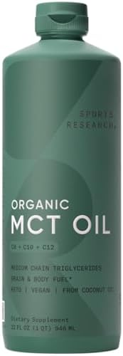 Sports Research Keto MCT Oil from Organic Coconuts - Fatty Acid Fuel for Body + Brain Triple Ingredient C8, C10, C12 MCTs Perfect in Coffee, Tea, & More Non-GMO Vegan Unflavored (Без вкуса) (32 Oz) Sports Research