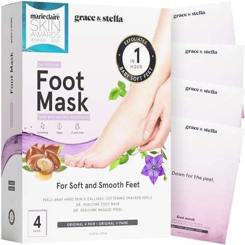 grace & stella Award-Winning Foot Peeling Mask - Foot Peel Masks (4 Pairs, Unscented) - Moisturizing Foot Masks That Remove Dead Skin, Exfoliating Foot Mask for Dry Cracked Feet, Feet Peeling Mask Grace & Stella