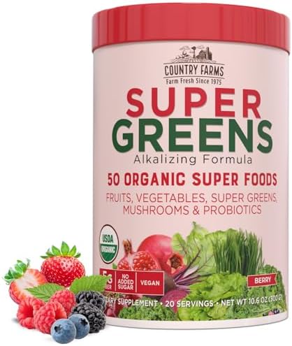 COUNTRY FARMS Super Greens Apple Banana Flavor, 50 Organic Super Foods, Packed with Fiber, USDA Organic Drink Mix, Fruits, Vegetables, Super Greens, Mushrooms & Probiotics, Supports Energy, 10.6 Oz Country Farms