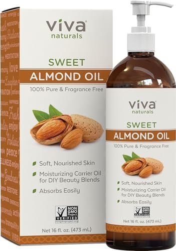 Sweet Almond Oil for Skin - Body Oil, Hair Moisturizer and Relaxing Massage and Oil, Carrier Oil for Essential Oils Mixing, Non-Greasy Pure Sweet Almond Oil for Hair and Skin, 16 fl oz Viva Naturals