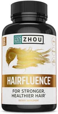 Zhou Hairfluence, Hair Growth Supplement with Clinically Studied Lustriva and Keranat and Hair Vitamins Biotin 5000mcg, Vitamin D, A, C & B12, Non-GMO, Gluten Free, 60 VegCaps Zhou